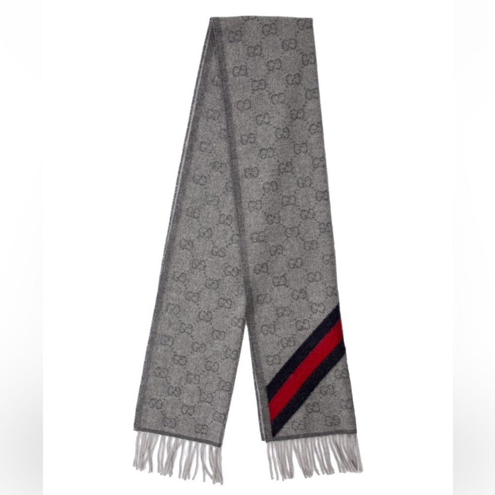 NEW GUCCI ‘New Nikky’ 570603 Web Fringe Wool Alpaca Zinc Blue Gray Unisex Scarf - Picture 11 of 12